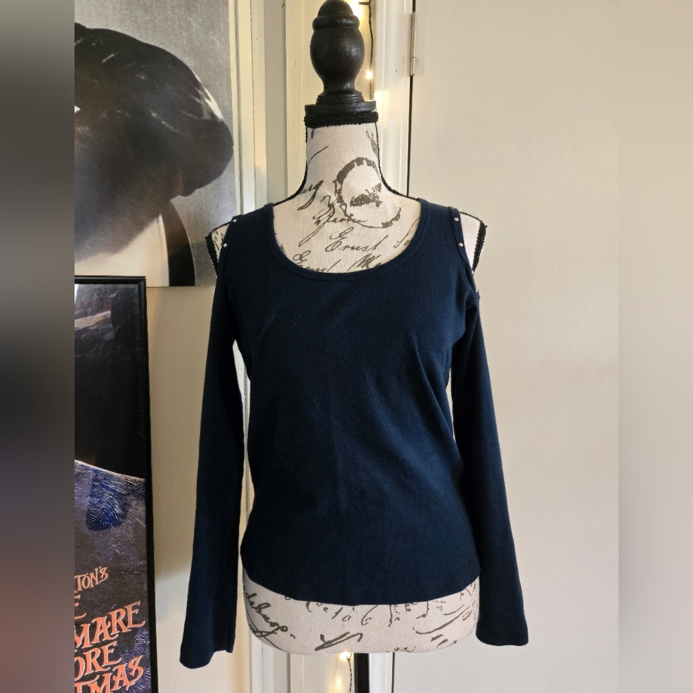 Blue Long Sleeve Top With Studded Sleeves